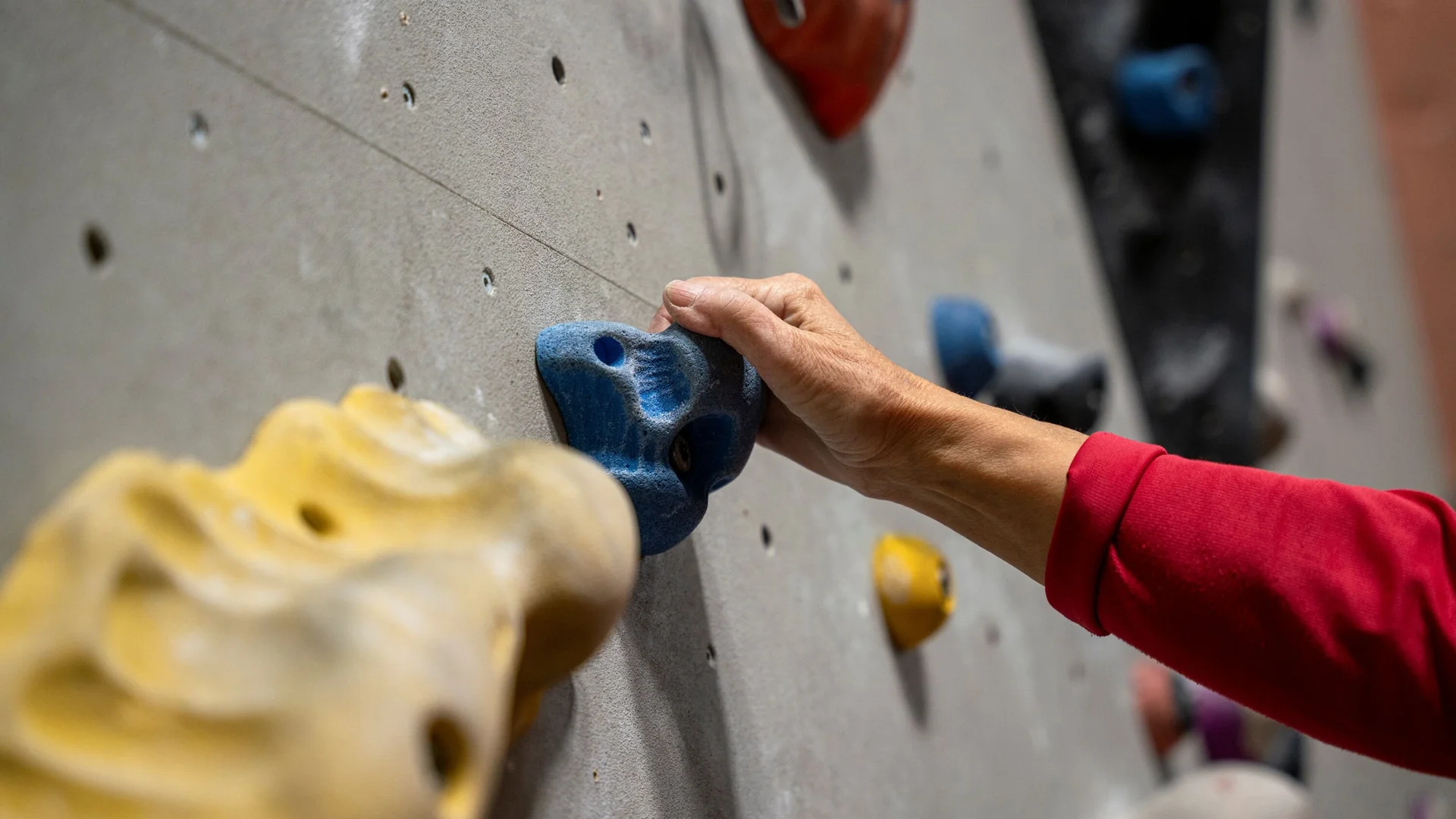 Nahaufnahme: Eine Hand an einer Boulderwand | © DAV / Julian Rohn